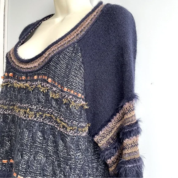 Free People Navy Wool Mohair Alpaca Cotton Blend Sweater Size L - Picture 4 of 13